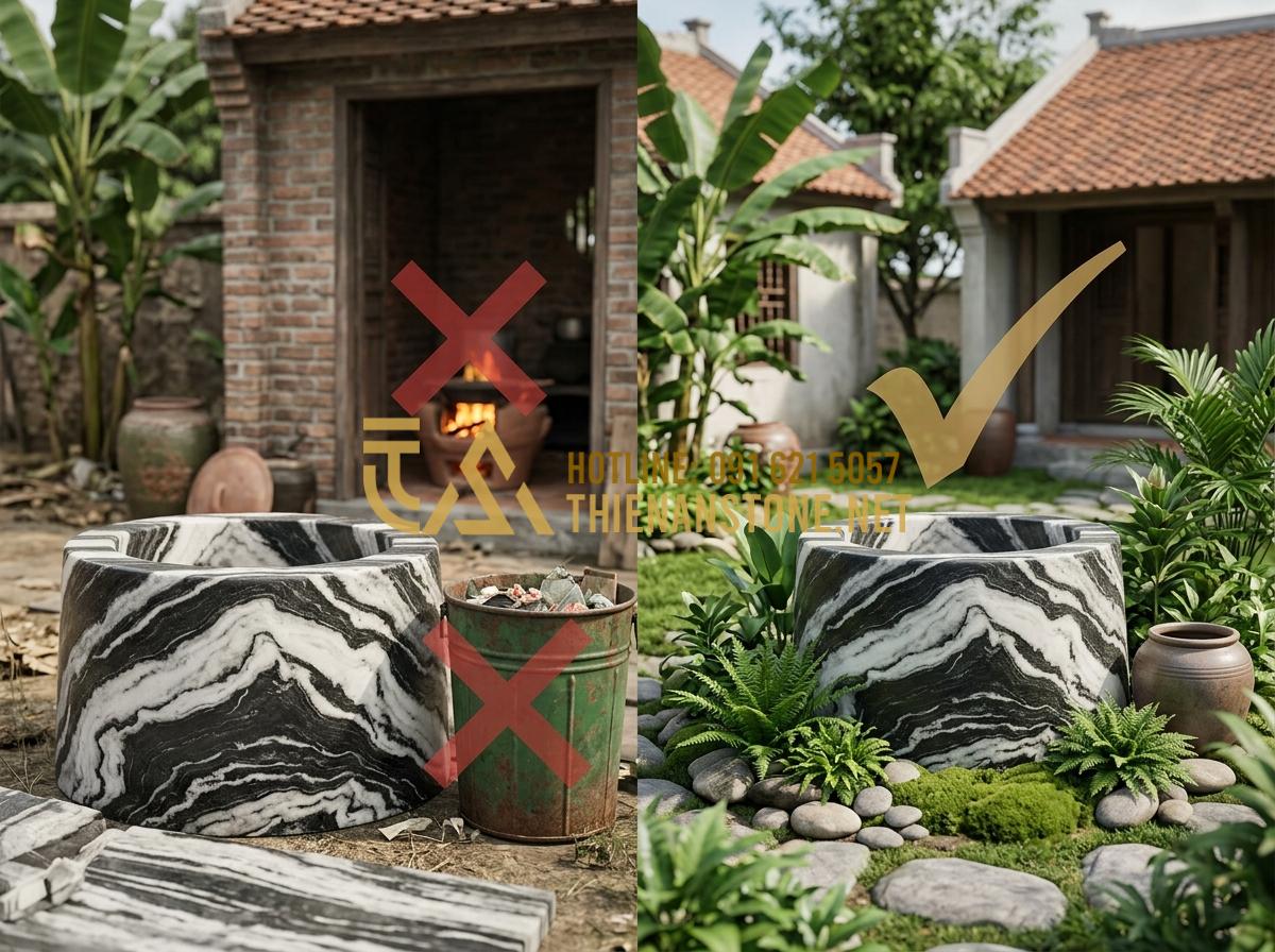 Phong thủy giếng đá sân vườn: Vị trí đặt giếng thu hút tài lộc và vượng khí - Tạo ảnh tiếng Anh: High-quality 3D render showing the wrong and right placements