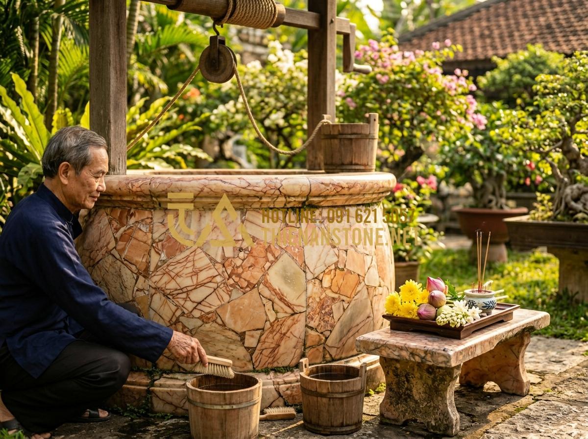 Phong thủy giếng đá sân vườn: Vị trí đặt giếng thu hút tài lộc và vượng khí - Tạo ảnh tiếng Anh: An elderly man cleaning the rim of a beautiful stone well wit