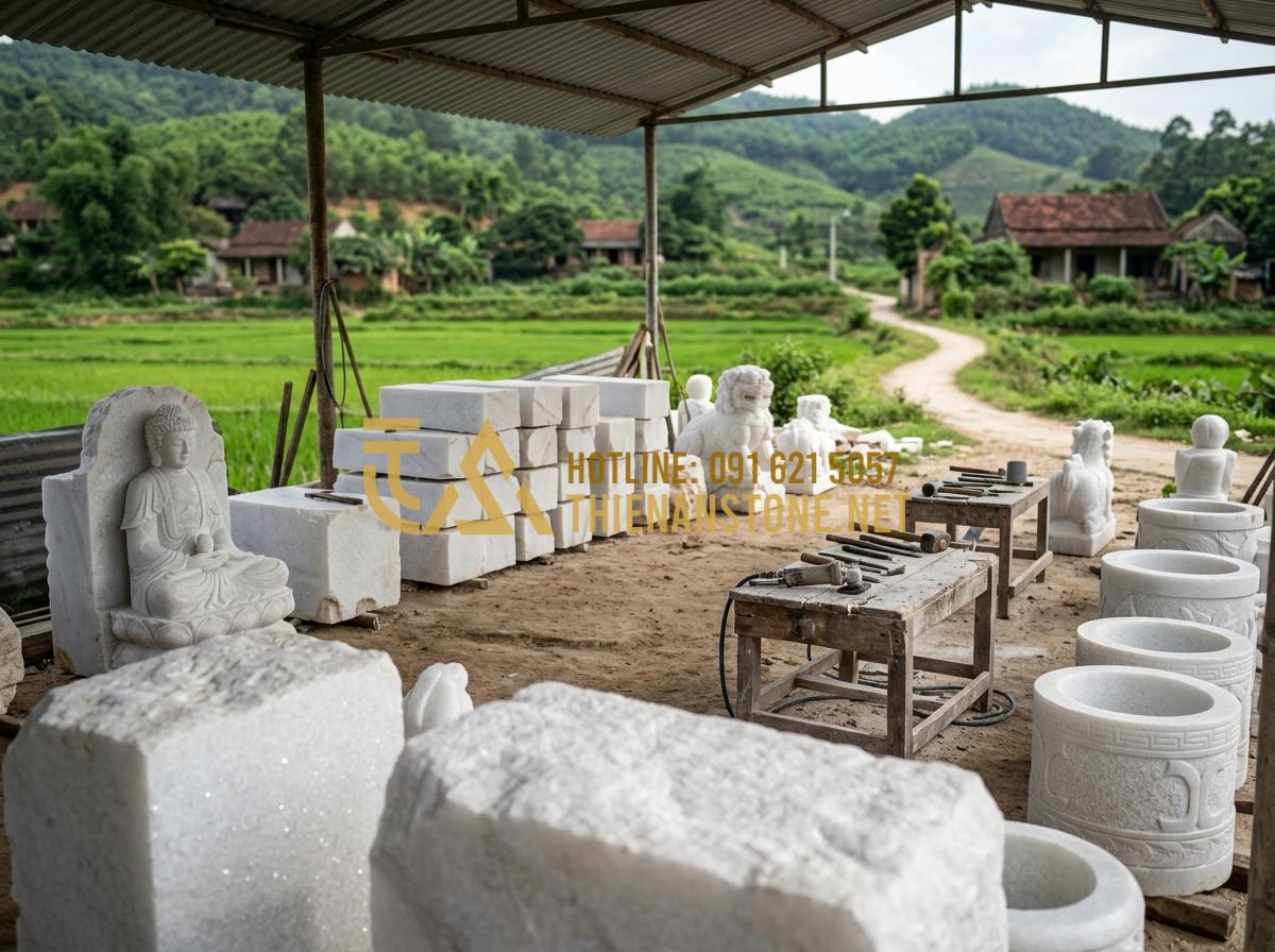 Phong thủy giếng đá sân vườn: Vị trí đặt giếng thu hút tài lộc và vượng khí - Tạo ảnh tiếng Anh: A wide-angle view of the Xưởng Đá Mỹ Nghệ Thiên An workshop i
