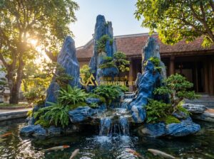 Phong Thủy Hòn Non Bộ Trước Nhà: Nên Làm Hay Không? - Tạo ảnh tiếng Anh: A majestic Vietnamese landscape miniature (Hon Non Bo) situat