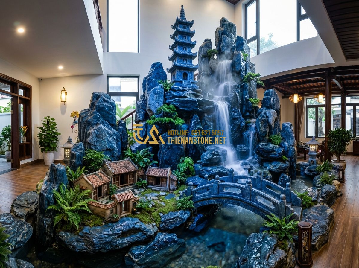 Phụ Kiện Trang Trí Hòn Non Bộ Và Tiểu Cảnh Đẹp Nhất Hiện Nay - Hình 3 Phụ Kiện Trang Trí Hòn Non Bộ Và Tiểu Cảnh Đẹp Nhất Hiện Nay - Tạo ảnh tiếng Anh: A panoramic view of a large indoor rockery with a waterfall,