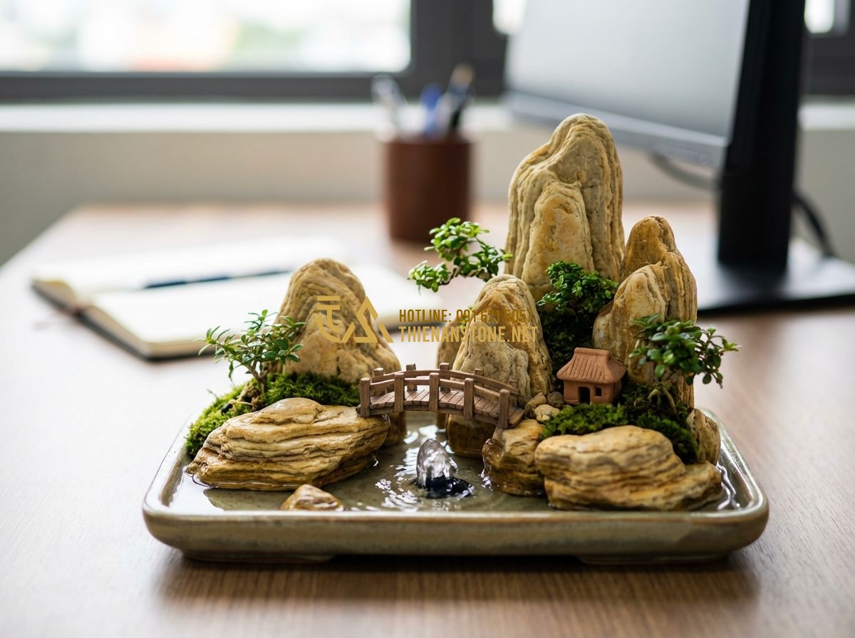 Phụ Kiện Trang Trí Hòn Non Bộ Và Tiểu Cảnh Đẹp Nhất Hiện Nay - Hình 4 Phụ Kiện Trang Trí Hòn Non Bộ Và Tiểu Cảnh Đẹp Nhất Hiện Nay - Tạo ảnh tiếng Anh: A beautiful mini rockery landscape on a ceramic tray placed o