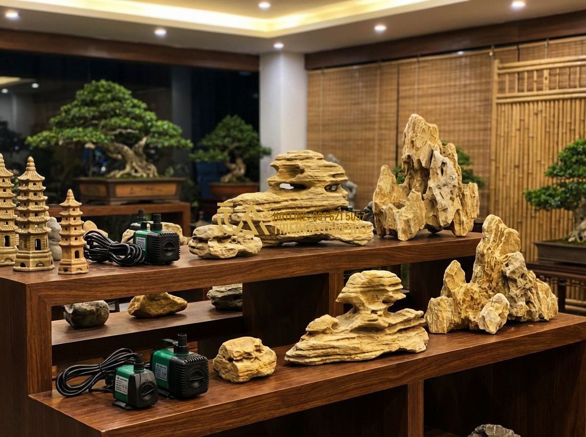 Phụ Kiện Trang Trí Hòn Non Bộ Và Tiểu Cảnh Đẹp Nhất Hiện Nay - Hình 5 Phụ Kiện Trang Trí Hòn Non Bộ Và Tiểu Cảnh Đẹp Nhất Hiện Nay - Tạo ảnh tiếng Anh: A high-quality set of professional rockery accessories displa