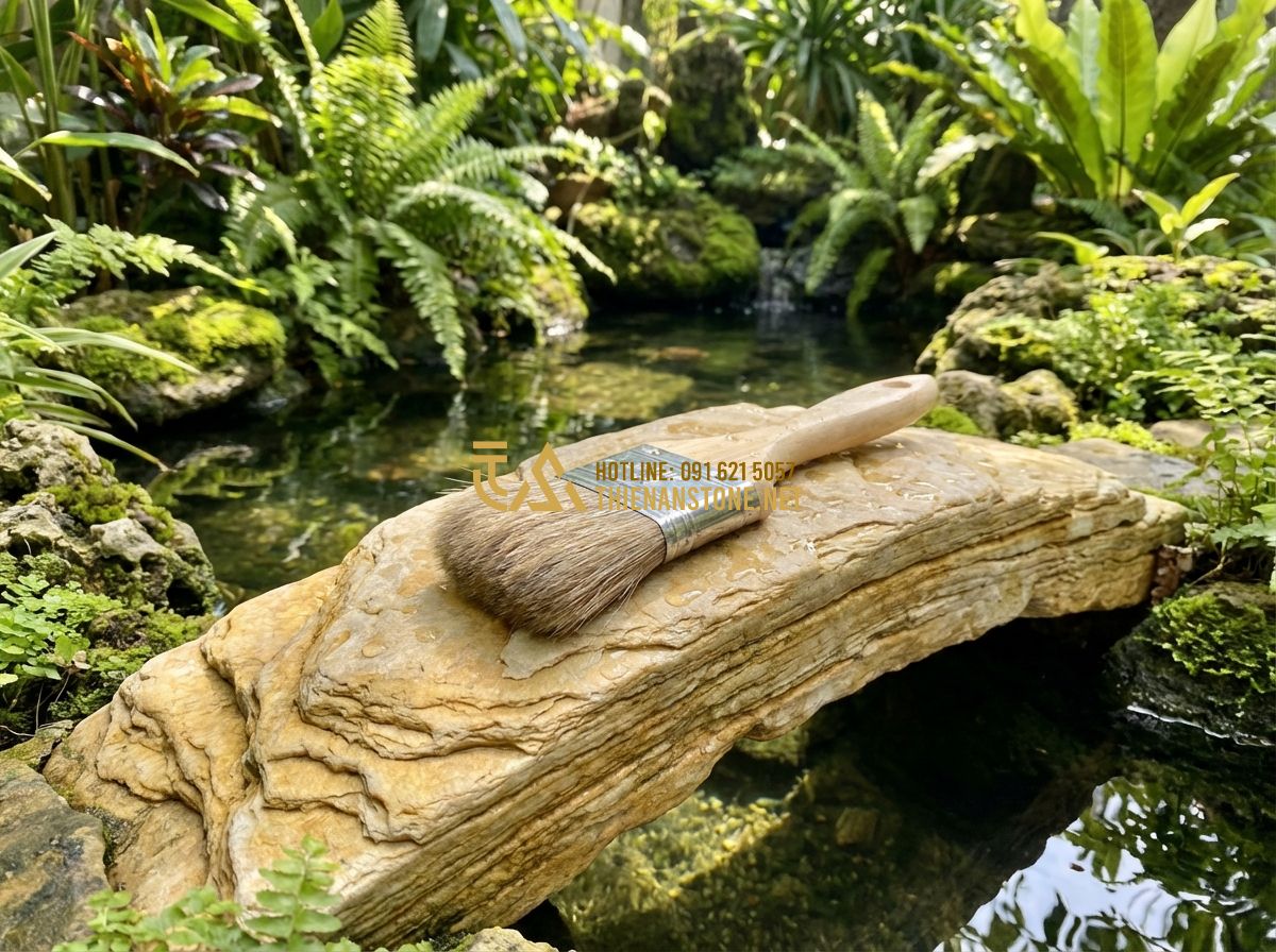 Phụ Kiện Trang Trí Hòn Non Bộ Và Tiểu Cảnh Đẹp Nhất Hiện Nay - Hình 6 Phụ Kiện Trang Trí Hòn Non Bộ Và Tiểu Cảnh Đẹp Nhất Hiện Nay - Tạo ảnh tiếng Anh: A person carefully cleaning a miniature stone bridge in a gar