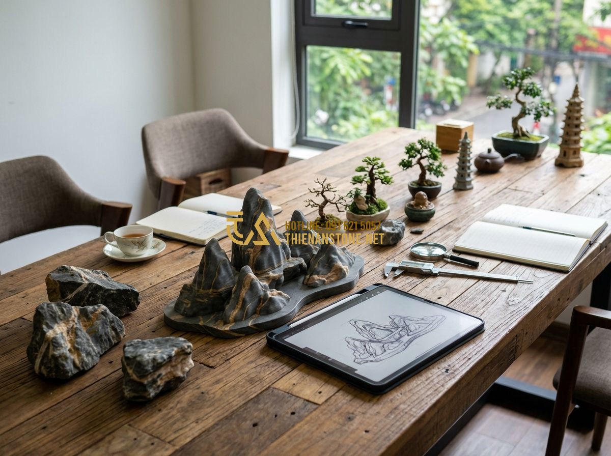 Phụ Kiện Trang Trí Hòn Non Bộ Và Tiểu Cảnh Đẹp Nhất Hiện Nay - Hình 7 Phụ Kiện Trang Trí Hòn Non Bộ Và Tiểu Cảnh Đẹp Nhất Hiện Nay - Tạo ảnh tiếng Anh: A professional designer from a stone craft workshop showing a