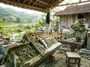 Quy Trình Chế Tác Bàn Thờ Đá Công Giáo Thủ Công Tại Làng Nghề Phú Thọ - Tạo ảnh tiếng Anh: A professional craftsman in a traditional Vietnamese stone wo