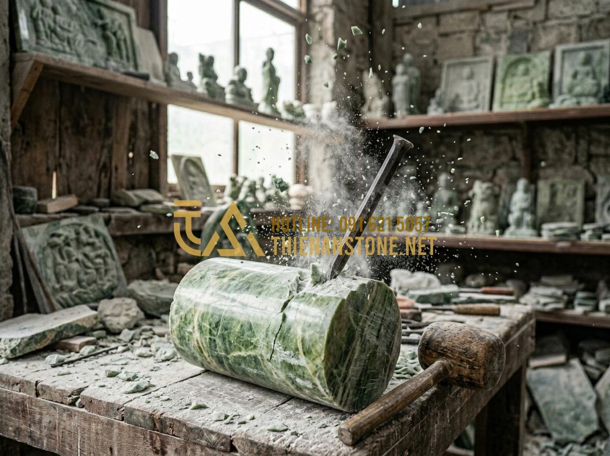 Quy Trình Chế Tác Bát Hương Đá Thủ Công Từ Những Khối Đá Nguyên Khối - Hình 2 Quy Trình Chế Tác Bát Hương Đá Thủ Công Từ Những Khối Đá Nguyên Khối - Tạo ảnh tiếng Anh: An artisan using a traditional chisel and hammer to shape a c