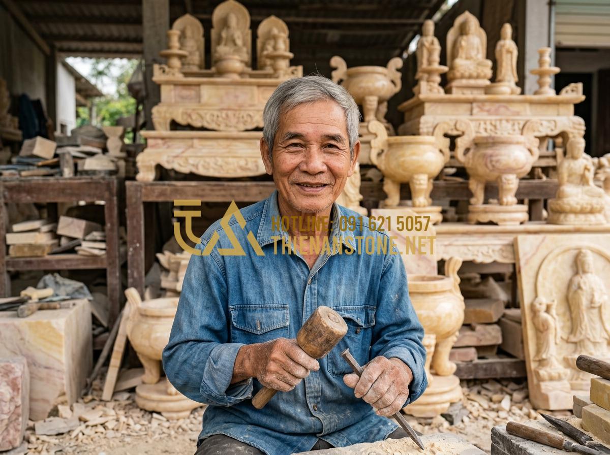 Quy Trình Chế Tác Bát Hương Đá Thủ Công Từ Những Khối Đá Nguyên Khối - Hình 4 Quy Trình Chế Tác Bát Hương Đá Thủ Công Từ Những Khối Đá Nguyên Khối - Tạo ảnh tiếng Anh: Portrait of an elderly Vietnamese artisan with gray hair and