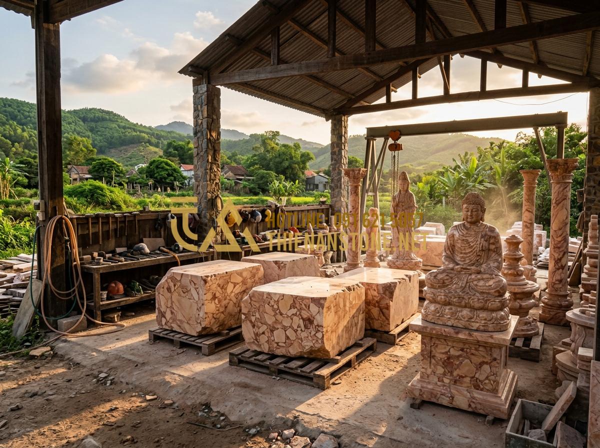 Quy Trình Chế Tác Bát Hương Đá Thủ Công Từ Những Khối Đá Nguyên Khối - Hình 5 Quy Trình Chế Tác Bát Hương Đá Thủ Công Từ Những Khối Đá Nguyên Khối - Tạo ảnh tiếng Anh: Wide shot of a professional stone carving workshop named Thie