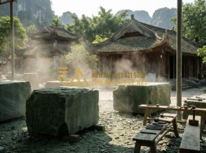 Quy Trình Chế Tác Chiếu Rồng Đá Mỹ Nghệ Công Phu Tại Làng Nghề Ninh Vân - Tạo ảnh tiếng Anh: A high-quality panoramic photo of Ninh Van stone carving vill
