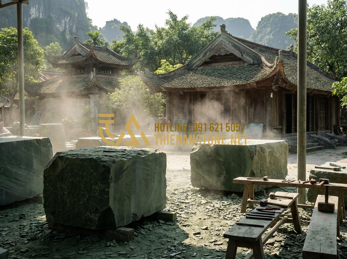 Quy Trình Chế Tác Chiếu Rồng Đá Mỹ Nghệ Công Phu Tại Làng Nghề Ninh Vân - Tạo ảnh tiếng Anh: A high-quality panoramic photo of Ninh Van stone carving vill