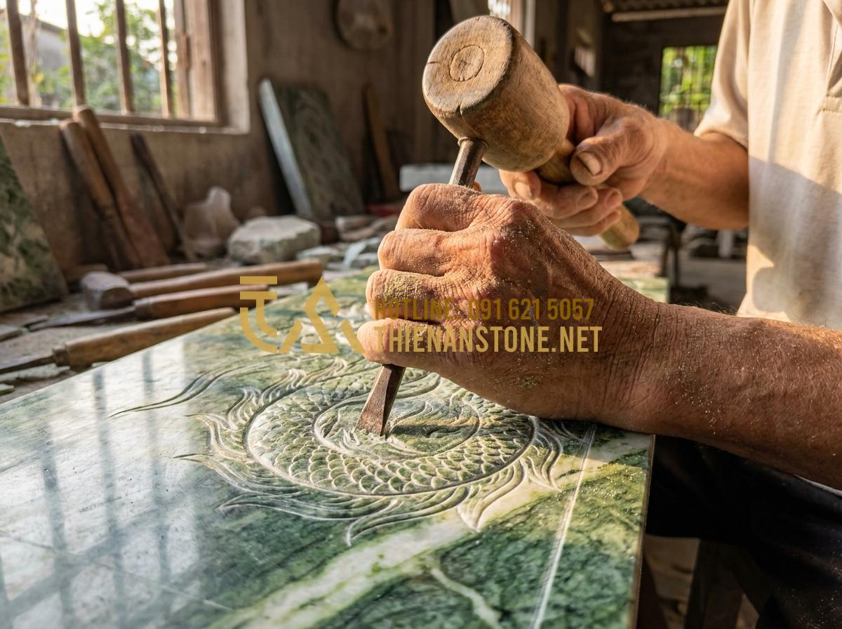 Quy Trình Chế Tác Chiếu Rồng Đá Mỹ Nghệ Công Phu Tại Làng Nghề Ninh Vân - Tạo ảnh tiếng Anh: Close-up of an elderly Vietnamese artisan's hands, weathered