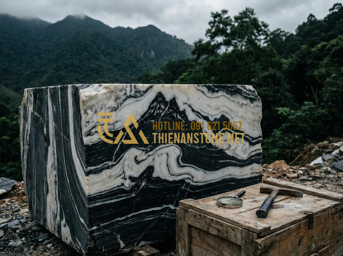 Quy Trình Chế Tác Chiếu Rồng Đá Mỹ Nghệ Công Phu Tại Làng Nghề Ninh Vân - Tạo ảnh tiếng Anh: Professional stone selection process at a quarry, a master ar