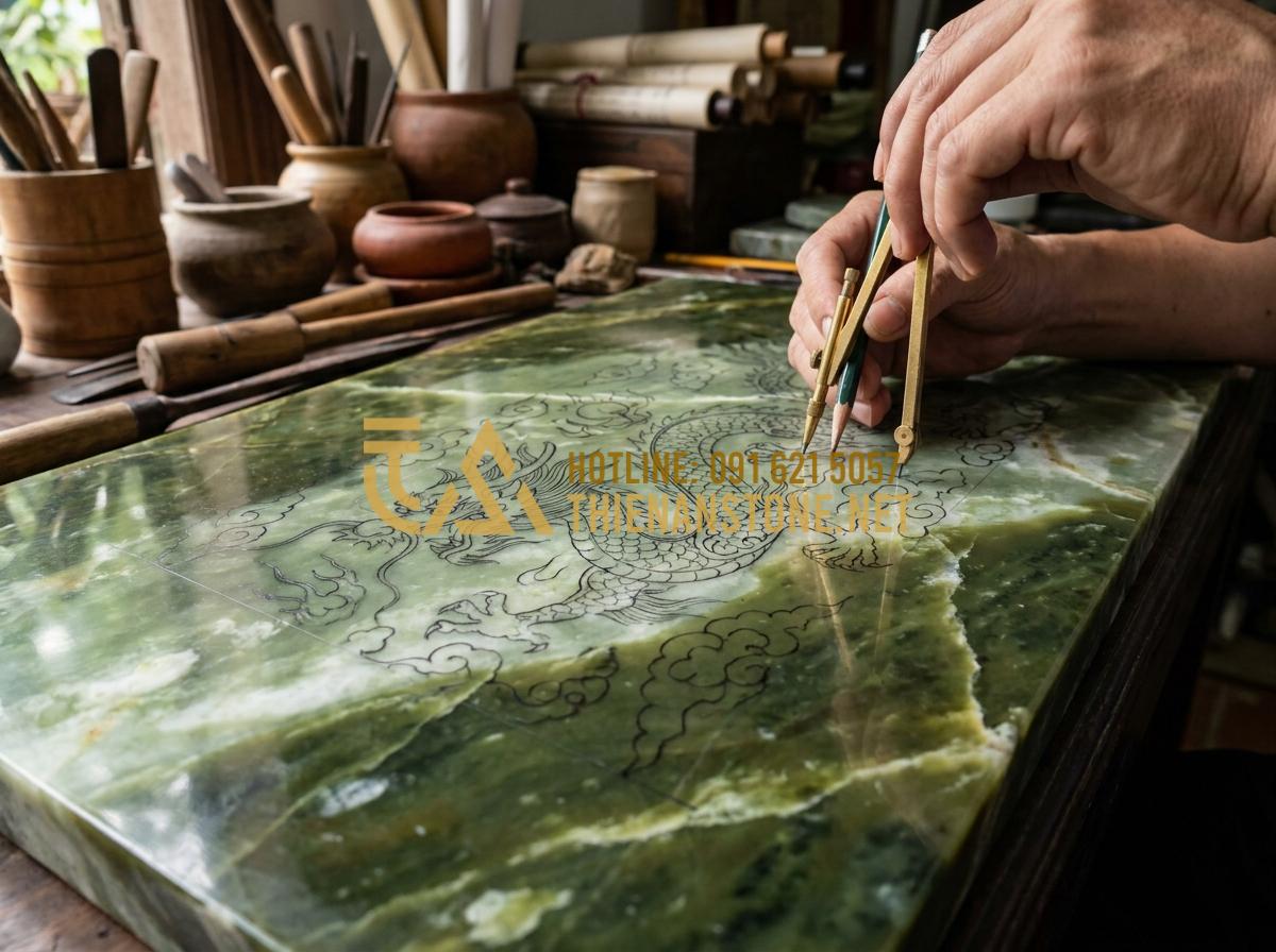 Quy Trình Chế Tác Chiếu Rồng Đá Mỹ Nghệ Công Phu Tại Làng Nghề Ninh Vân - Tạo ảnh tiếng Anh: A detailed technical sketch of a dragon on a stone surface, a