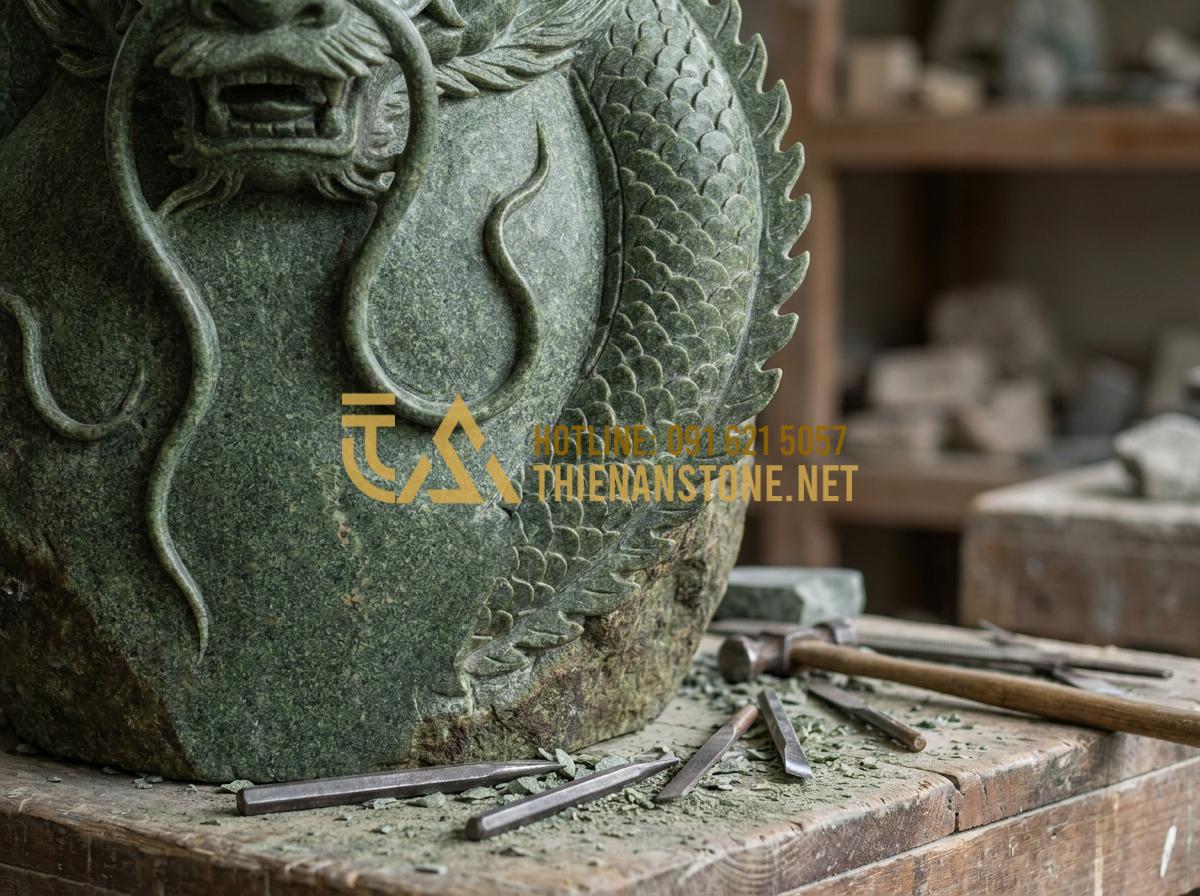 Quy Trình Chế Tác Chiếu Rồng Đá Mỹ Nghệ Công Phu Tại Làng Nghề Ninh Vân - Tạo ảnh tiếng Anh: Extreme close-up of stone carving, showing the intricate "bon