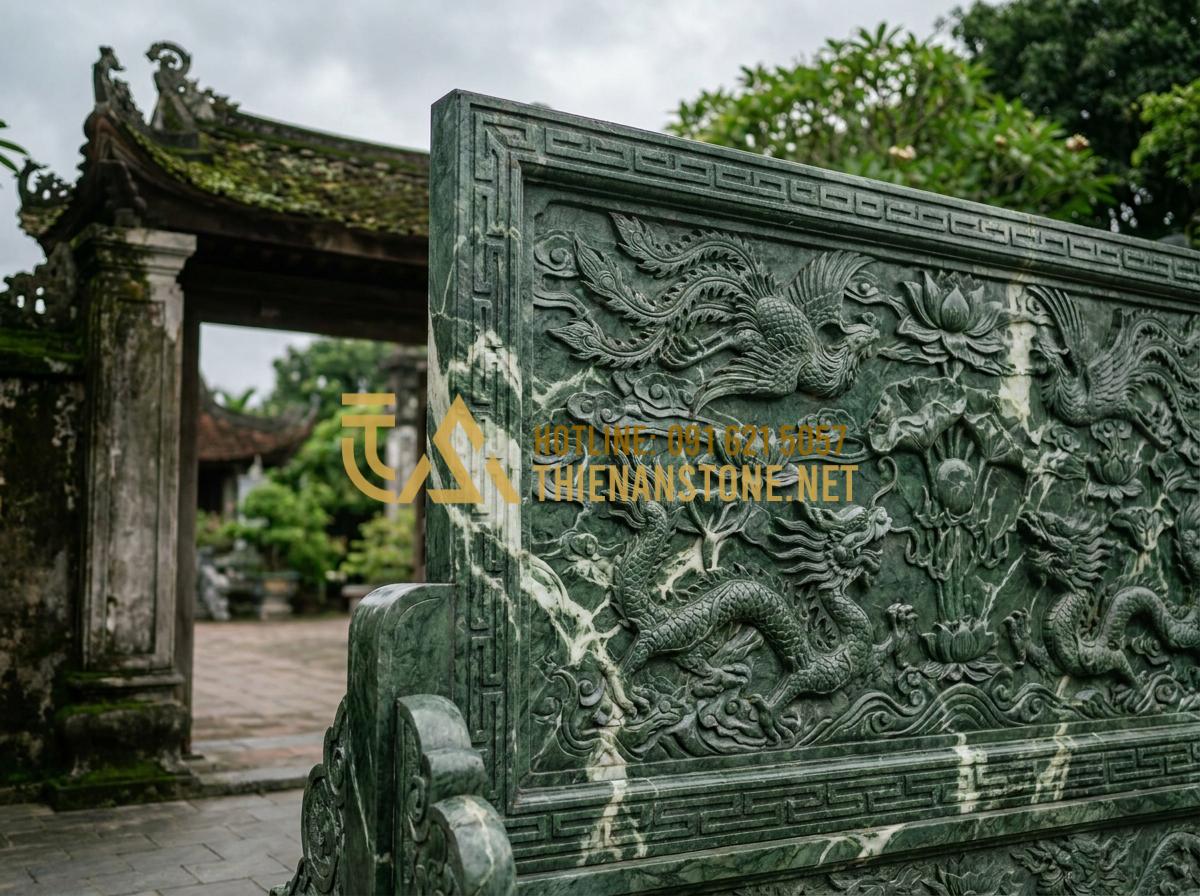 Quy Trình Chế Tác Chiếu Rồng Đá Mỹ Nghệ Công Phu Tại Làng Nghề Ninh Vân - Tạo ảnh tiếng Anh: A complete stone dragon screen (Chieu Rong Da) installed at a