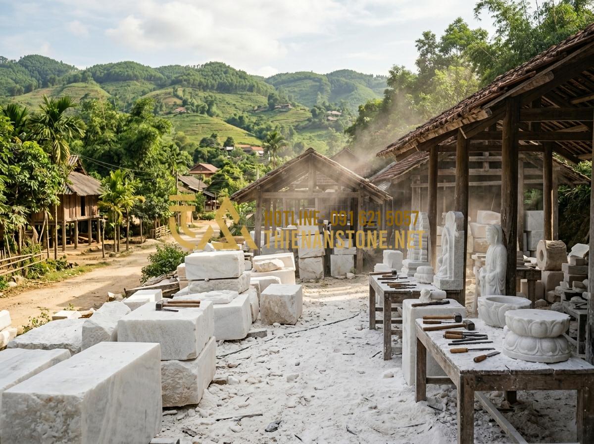 Quy Trình Chế Tác Đồ Thờ Đá Mỹ Nghệ Thủ Công Tại Làng Nghề Đá Phú Thọ - Tạo ảnh tiếng Anh: A panoramic view of a traditional stone carving village in Ph