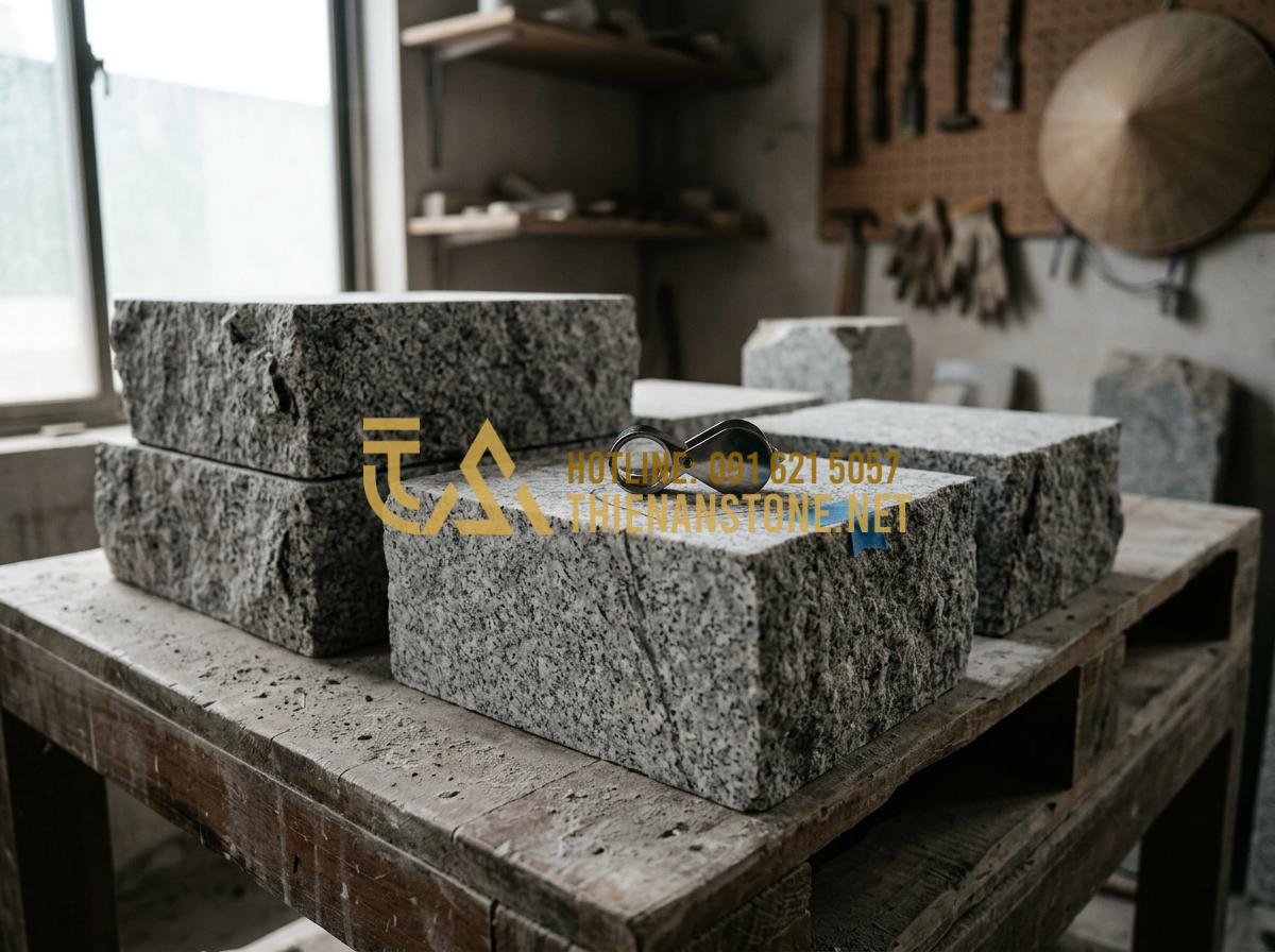 Quy Trình Chế Tác Đồ Thờ Đá Mỹ Nghệ Thủ Công Tại Làng Nghề Đá Phú Thọ - Tạo ảnh tiếng Anh: Close-up of high-quality raw natural stones including blue-gr