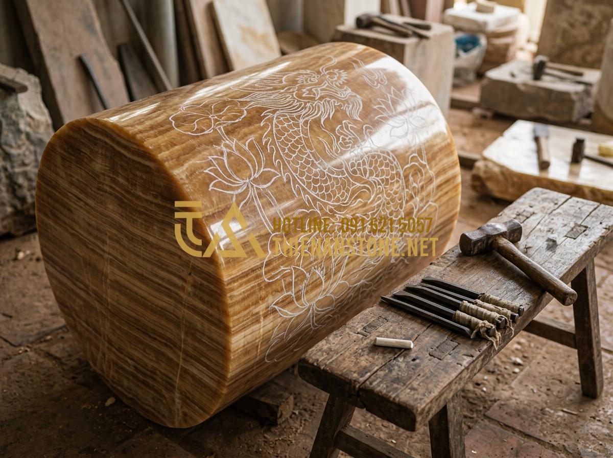 Quy Trình Chế Tác Đồ Thờ Đá Mỹ Nghệ Thủ Công Tại Làng Nghề Đá Phú Thọ - Tạo ảnh tiếng Anh: A skilled Vietnamese artisan sketching traditional dragon and