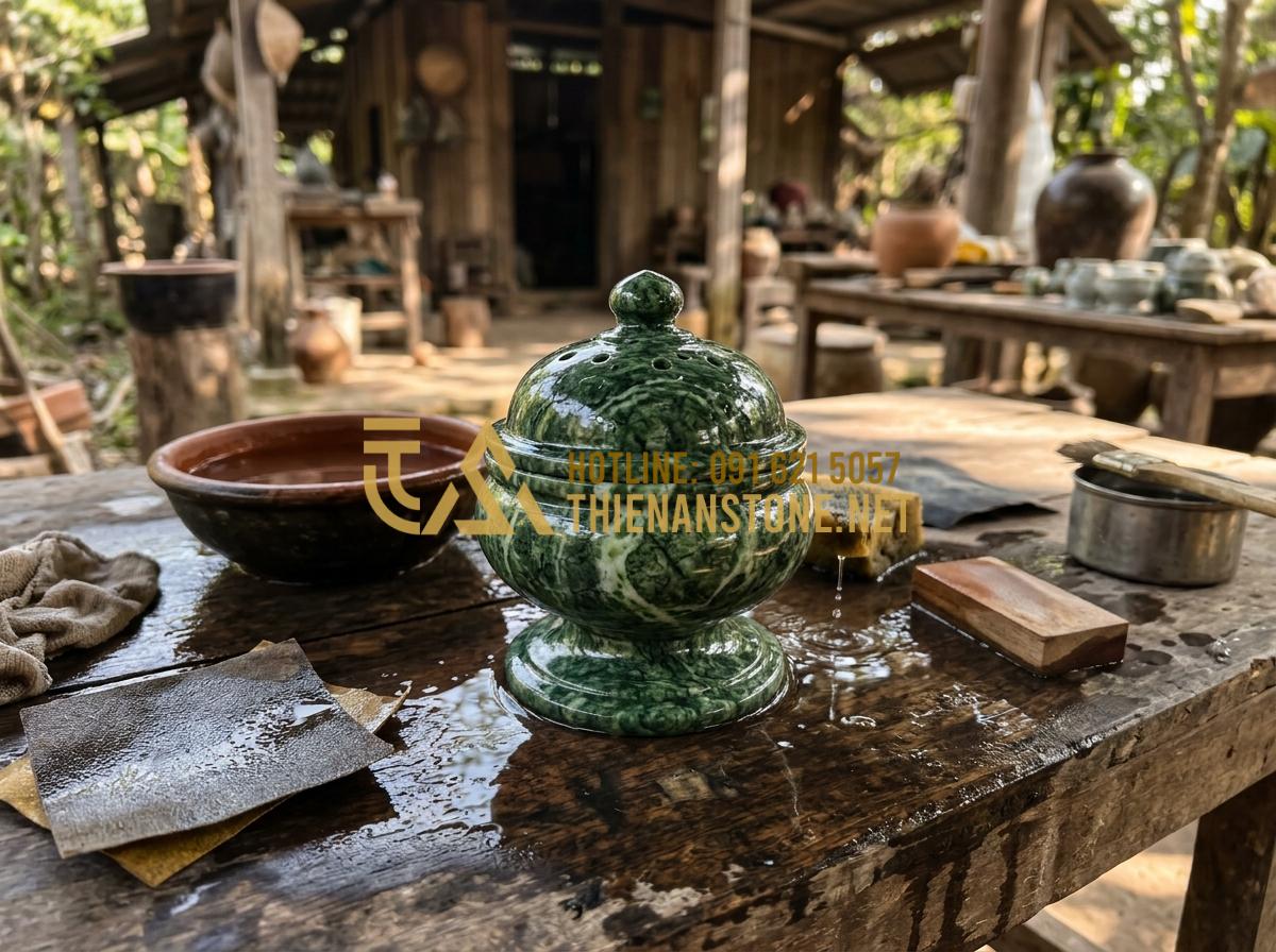 Quy Trình Chế Tác Đồ Thờ Đá Mỹ Nghệ Thủ Công Tại Làng Nghề Đá Phú Thọ - Tạo ảnh tiếng Anh: An artisan using water and fine sandpaper to polish a finishe