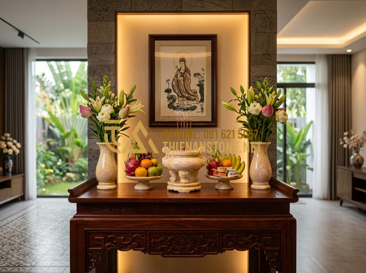 Quy Trình Chế Tác Đồ Thờ Đá Mỹ Nghệ Thủ Công Tại Làng Nghề Đá Phú Thọ - Tạo ảnh tiếng Anh: A beautifully arranged stone altar set inside a modern Vietna