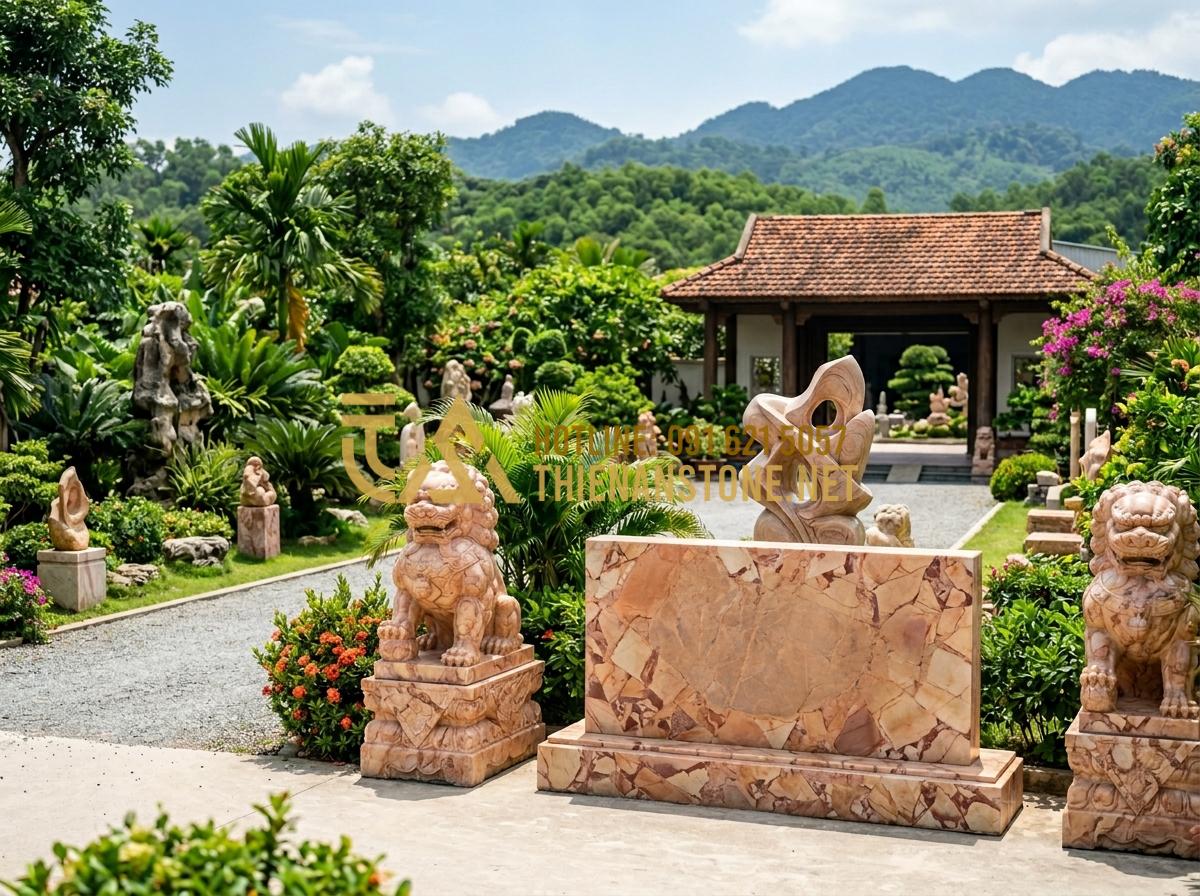 Quy Trình Chế Tác Đồ Thờ Đá Mỹ Nghệ Thủ Công Tại Làng Nghề Đá Phú Thọ - Tạo ảnh tiếng Anh: The entrance of Thien An Stone Workshop in Phu Tho, featuring