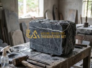 Quy Trình Chế Tác Khay Trà Đá Thủ Công Từ Những Khối Đá Thô Sơ - Close-up view of a raw natural stone block with visible veins and rough texture