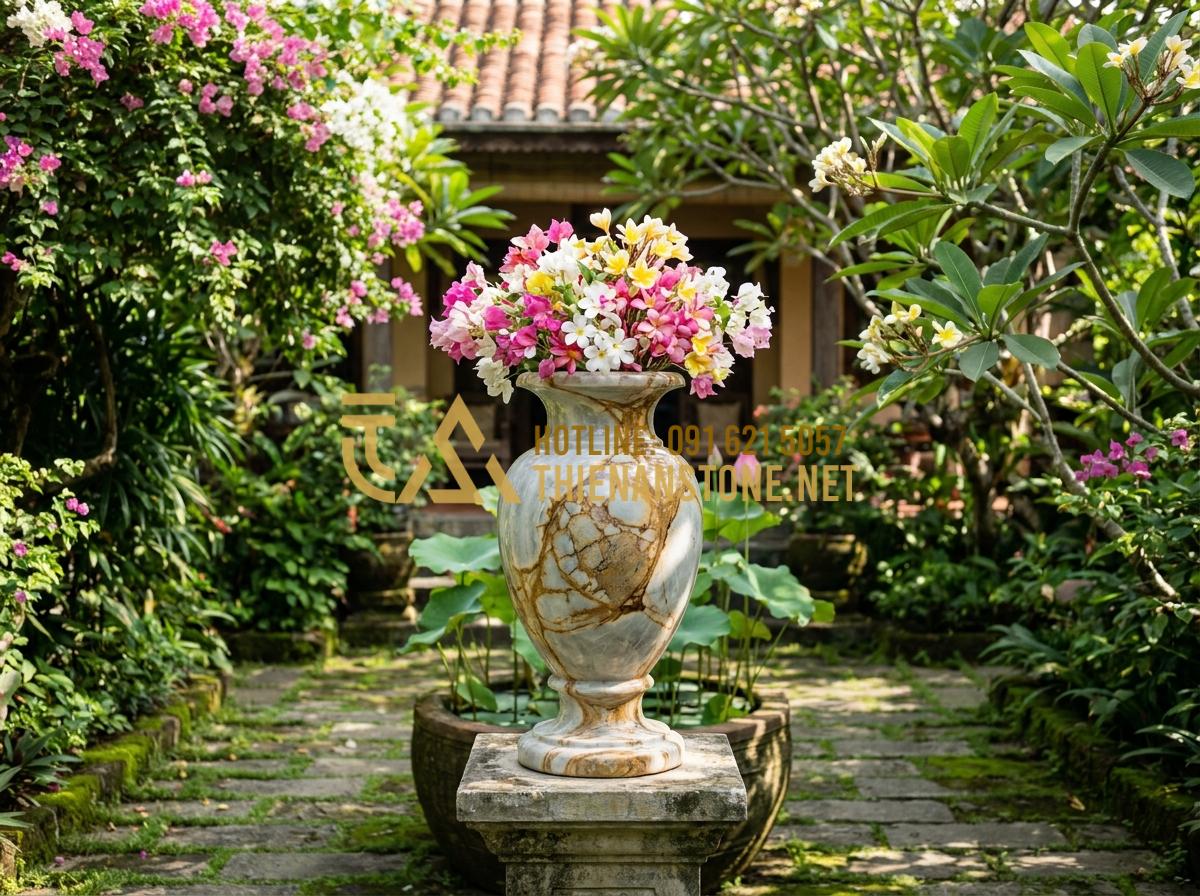 Quy Trình Chế Tác Lọ Hoa Đá Thủ Công: Từ Khối Đá Thô Đến Tác Phẩm Nghệ Thuật - Hình 19 Quy Trình Chế Tác Lọ Hoa Đá Thủ Công: Từ Khối Đá Thô Đến Tác Phẩm Nghệ Thuật - Elegant stone flower vase placed in luxurious villa garden filled with blooming