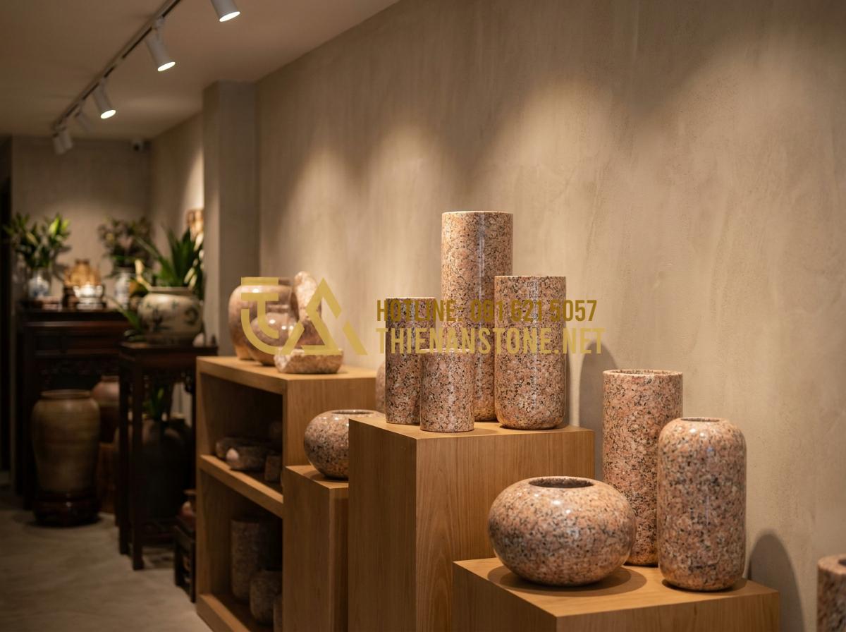 Quy Trình Chế Tác Lọ Hoa Đá Thủ Công: Từ Khối Đá Thô Đến Tác Phẩm Nghệ Thuật - Hình 23 Quy Trình Chế Tác Lọ Hoa Đá Thủ Công: Từ Khối Đá Thô Đến Tác Phẩm Nghệ Thuật - Luxury stone flower vase collection displayed at Da Canh Thien An showroom with