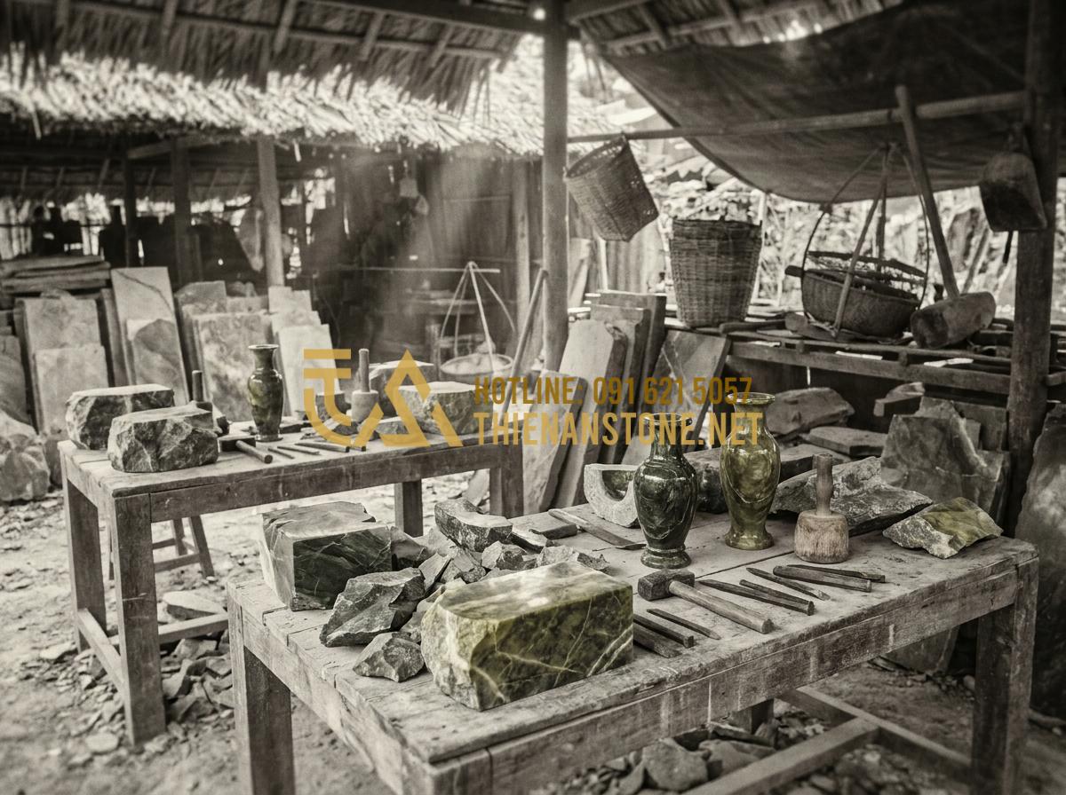 Quy Trình Chế Tác Lọ Hoa Đá Thủ Công: Từ Khối Đá Thô Đến Tác Phẩm Nghệ Thuật - Hình 3 Quy Trình Chế Tác Lọ Hoa Đá Thủ Công: Từ Khối Đá Thô Đến Tác Phẩm Nghệ Thuật - Historical black and white photo style image of ancient Vietnamese stone carvers
