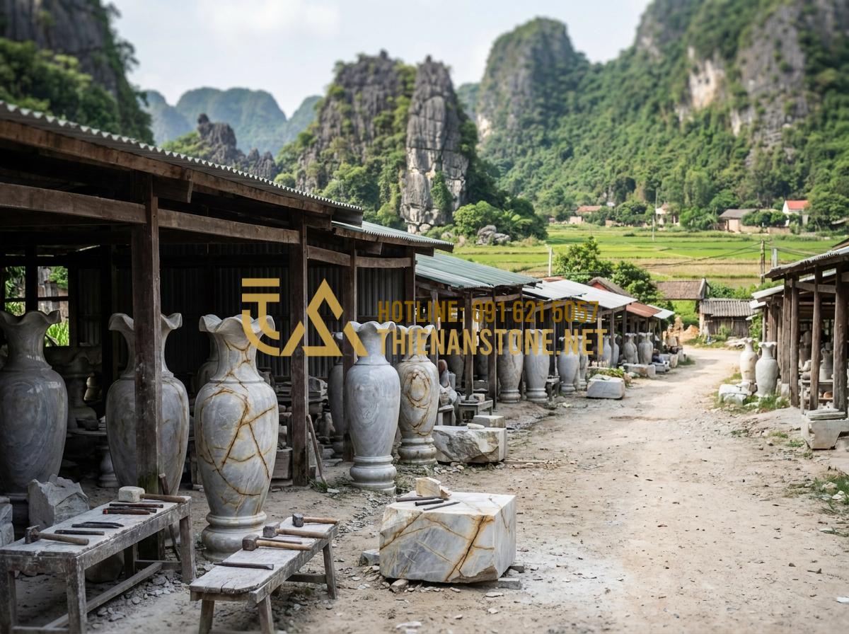 Quy Trình Chế Tác Lọ Hoa Đá Thủ Công: Từ Khối Đá Thô Đến Tác Phẩm Nghệ Thuật - Hình 4 Quy Trình Chế Tác Lọ Hoa Đá Thủ Công: Từ Khối Đá Thô Đến Tác Phẩm Nghệ Thuật - Panoramic view of Ninh Van stone carving village in Ninh Binh province Vietnam s