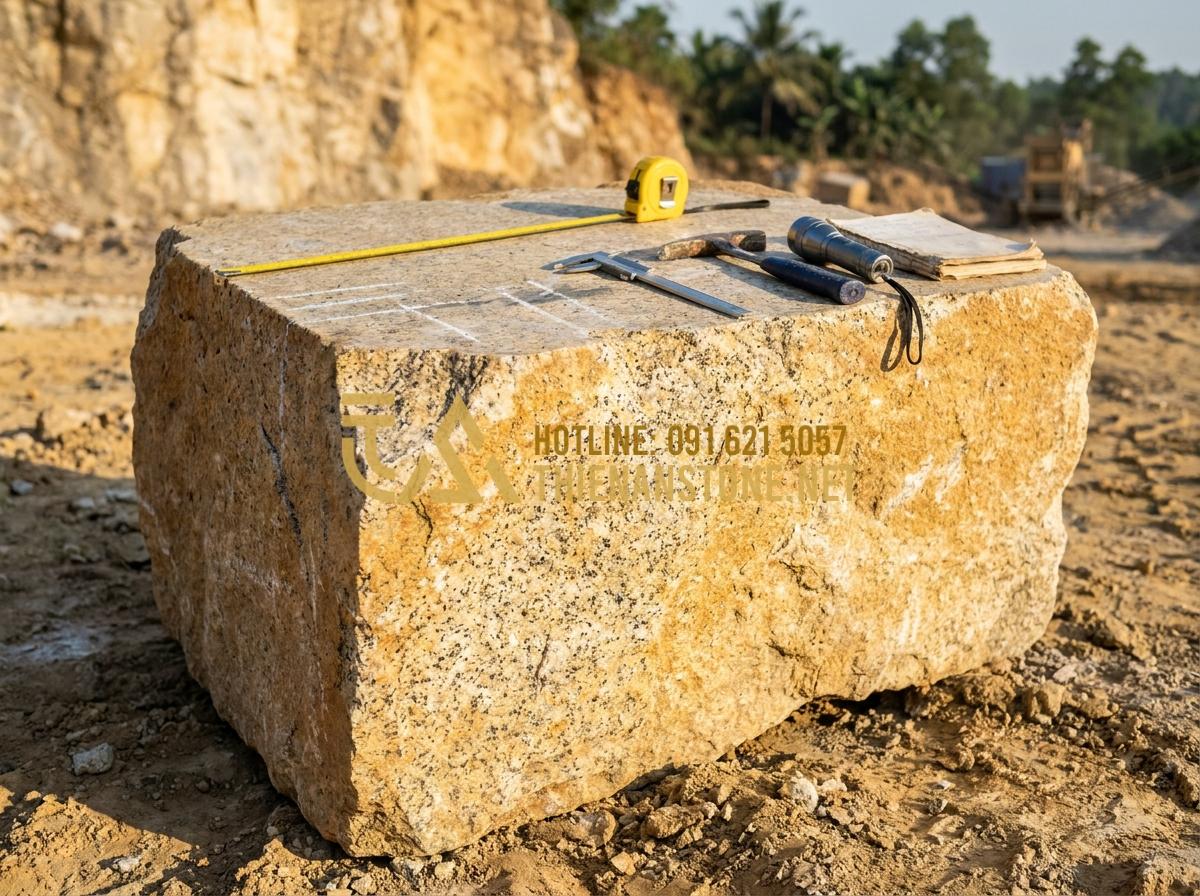 Quy Trình Chế Tác Lọ Hoa Đá Thủ Công: Từ Khối Đá Thô Đến Tác Phẩm Nghệ Thuật - Hình 7 Quy Trình Chế Tác Lọ Hoa Đá Thủ Công: Từ Khối Đá Thô Đến Tác Phẩm Nghệ Thuật - Artisan inspecting large rough natural stone block at a quarry in Vietnam using