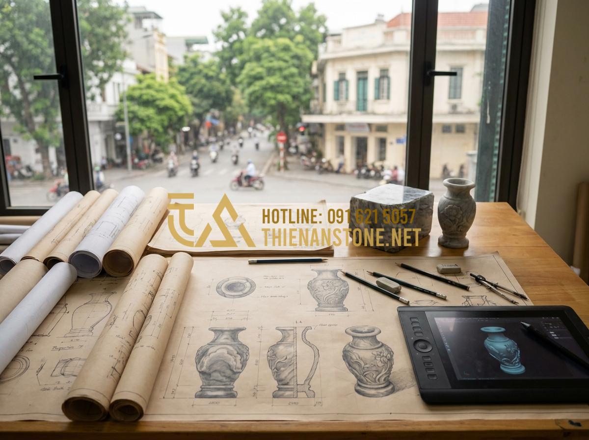Quy Trình Chế Tác Lọ Hoa Đá Thủ Công: Từ Khối Đá Thô Đến Tác Phẩm Nghệ Thuật - Hình 9 Quy Trình Chế Tác Lọ Hoa Đá Thủ Công: Từ Khối Đá Thô Đến Tác Phẩm Nghệ Thuật - Professional designer at a drafting table sketching detailed 2D and 3D blueprint