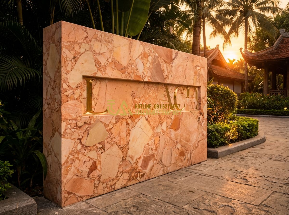 Quy Trình Làm Biển Hiệu Đá Tự Nhiên Từ Thiết Kế Đến Lắp Đặt Chi Tiết - Hình 1 Quy Trình Làm Biển Hiệu Đá Tự Nhiên Từ Thiết Kế Đến Lắp Đặt Chi Tiết - Tạo ảnh tiếng Anh: A majestic natural stone corporate signboard standing tall at