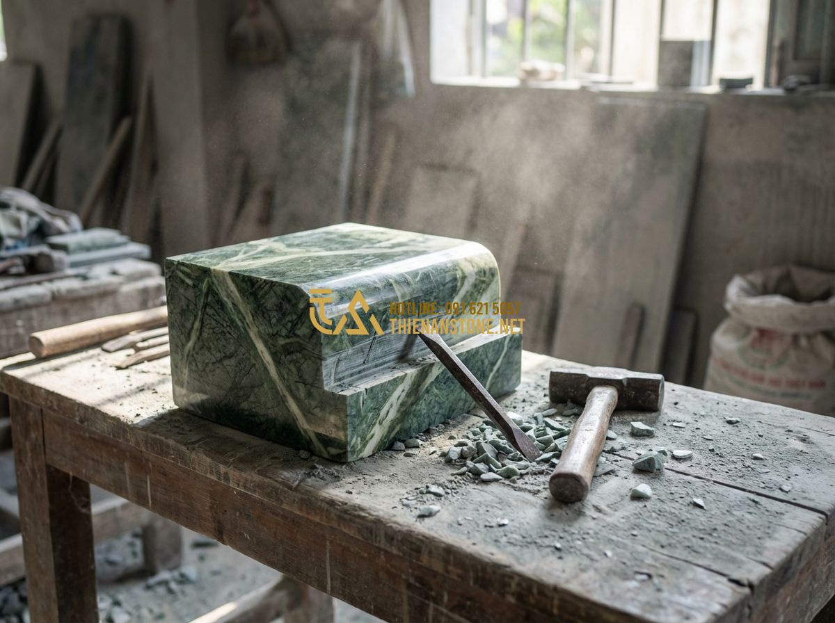 Quy Trình Làm Biển Hiệu Đá Tự Nhiên Từ Thiết Kế Đến Lắp Đặt Chi Tiết - Hình 4 Quy Trình Làm Biển Hiệu Đá Tự Nhiên Từ Thiết Kế Đến Lắp Đặt Chi Tiết - Tạo ảnh tiếng Anh: A skilled craftsman hand-carving intricate letters onto a dar