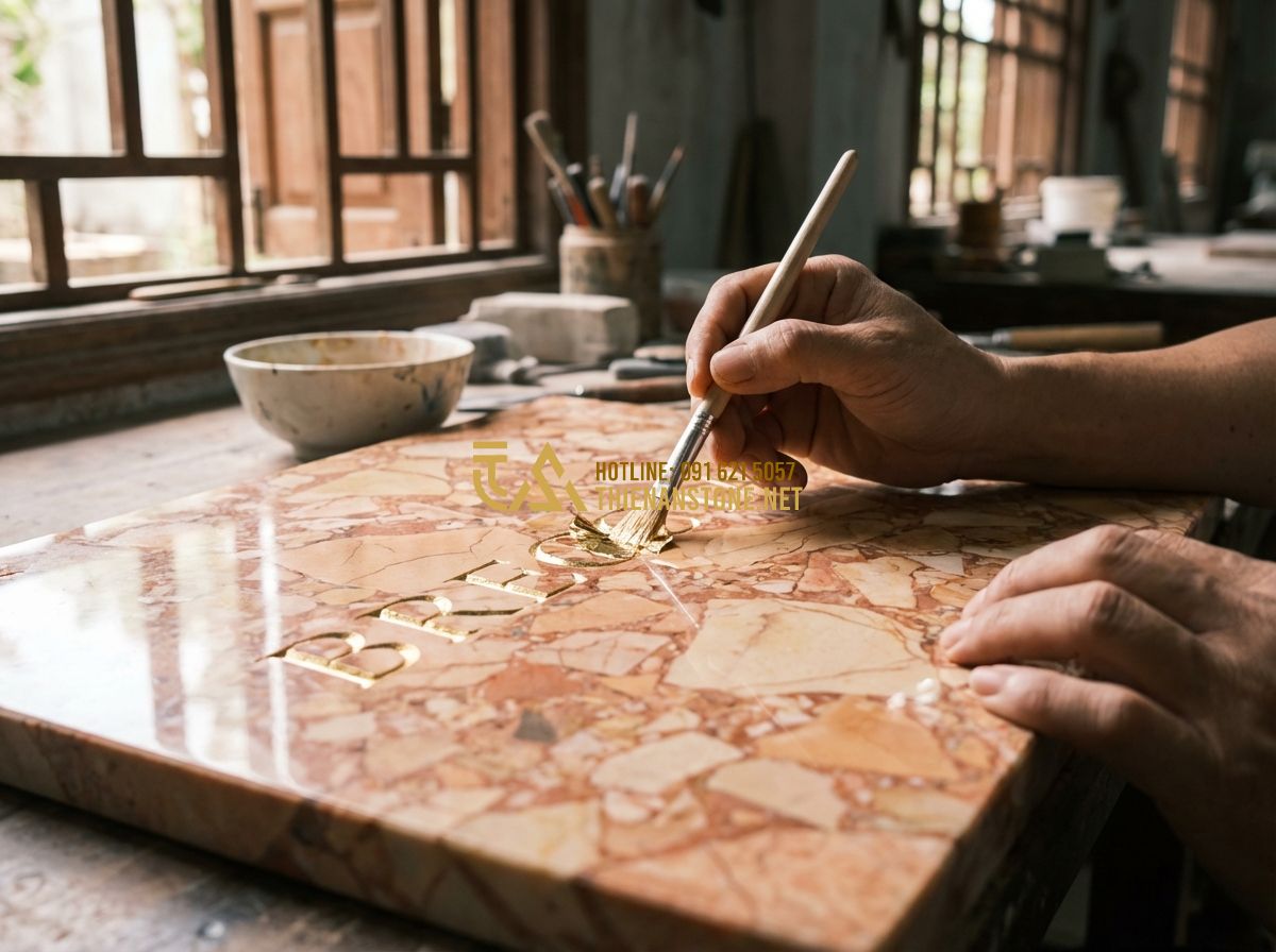 Quy Trình Làm Biển Hiệu Đá Tự Nhiên Từ Thiết Kế Đến Lắp Đặt Chi Tiết - Hình 5 Quy Trình Làm Biển Hiệu Đá Tự Nhiên Từ Thiết Kế Đến Lắp Đặt Chi Tiết - Tạo ảnh tiếng Anh: Detailed close-up of a worker applying thin gold leaf to deep