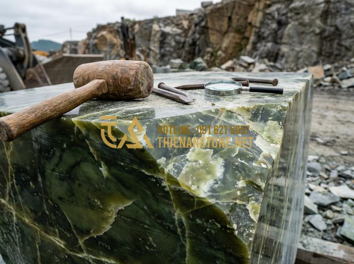 Quy trình thi công cầu đá nguyên khối: Đảm bảo độ bền và an toàn kỹ thuật - Hình 2 Quy trình thi công cầu đá nguyên khối: Đảm bảo độ bền và an toàn kỹ thuật - Tạo ảnh tiếng Anh: Close-up of a master artisan inspecting a large, high-quality