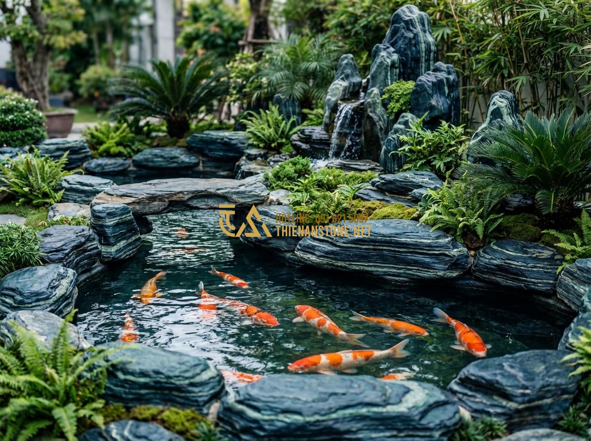 Quy Trình Thi Công Hồ Cá Koi Chuẩn Kỹ Thuật 5 Bước Từ Chuyên Gia - Tạo ảnh tiếng Anh: A stunning, professional Japanese-style Koi pond with crystal