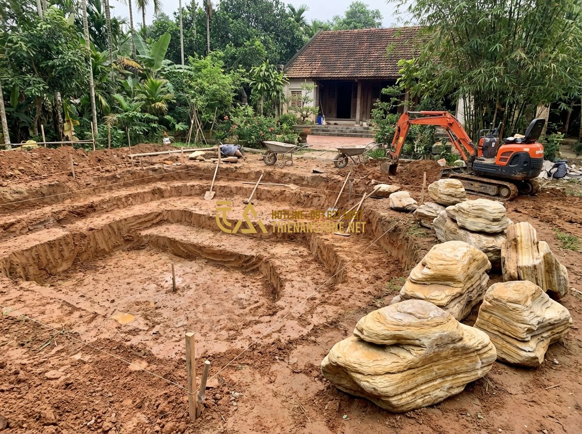 Quy Trình Thi Công Hồ Cá Koi Chuẩn Kỹ Thuật 5 Bước Từ Chuyên Gia - Tạo ảnh tiếng Anh: Professional construction workers carefully excavating a larg
