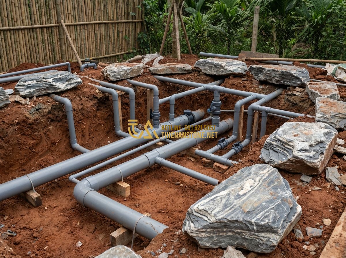Quy Trình Thi Công Hồ Cá Koi Chuẩn Kỹ Thuật 5 Bước Từ Chuyên Gia - Tạo ảnh tiếng Anh: Detailed technical diagram of a Koi pond filtration system pi