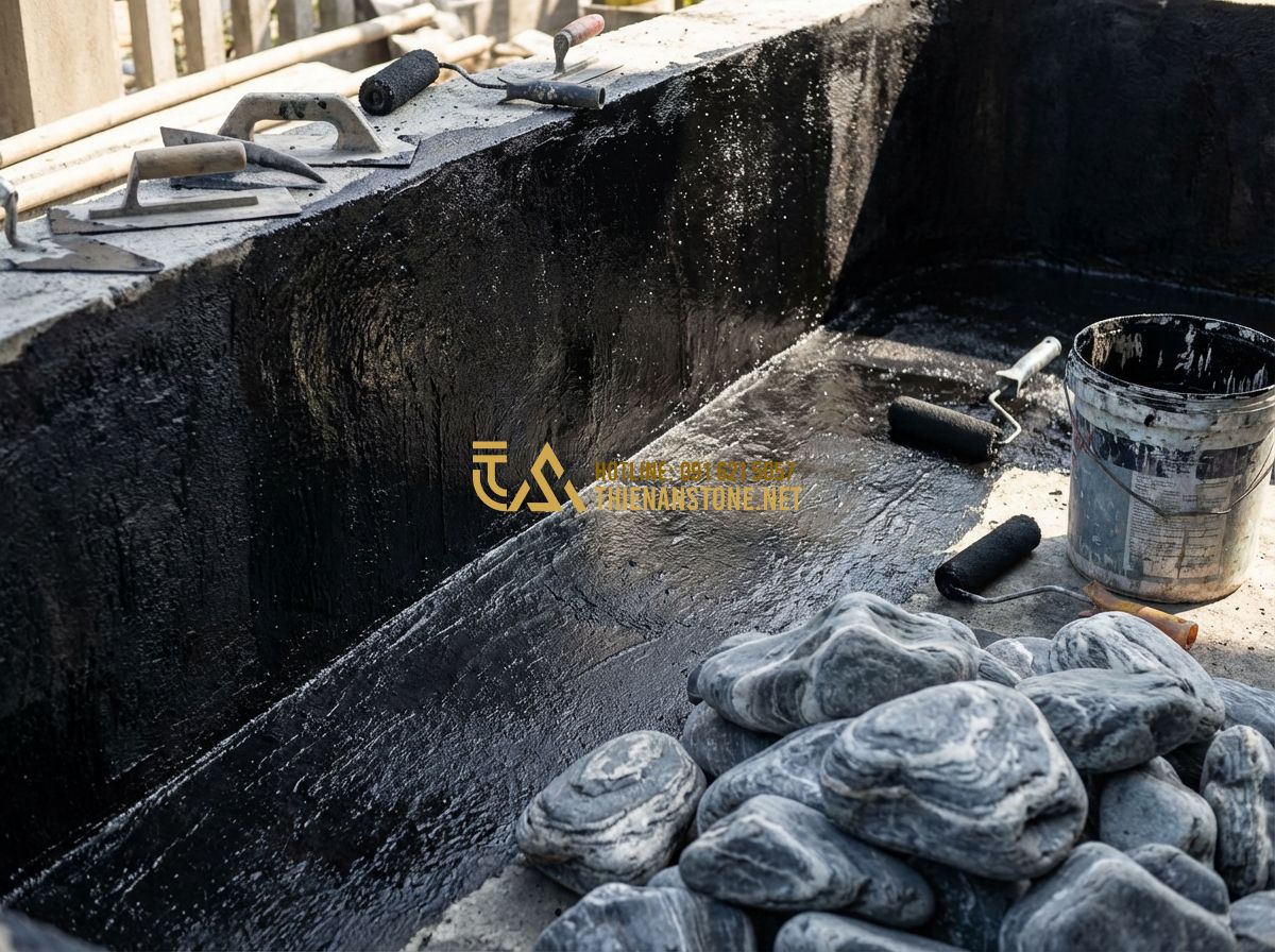 Quy Trình Thi Công Hồ Cá Koi Chuẩn Kỹ Thuật 5 Bước Từ Chuyên Gia - Tạo ảnh tiếng Anh: Construction workers applying black waterproof coating to the