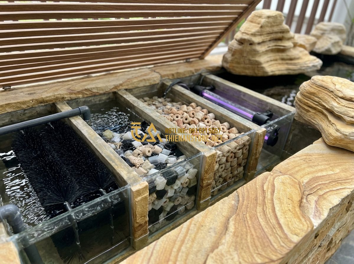 Quy Trình Thi Công Hồ Cá Koi Chuẩn Kỹ Thuật 5 Bước Từ Chuyên Gia - Tạo ảnh tiếng Anh: Inside a high-tech multi-chamber Koi pond filtration system,