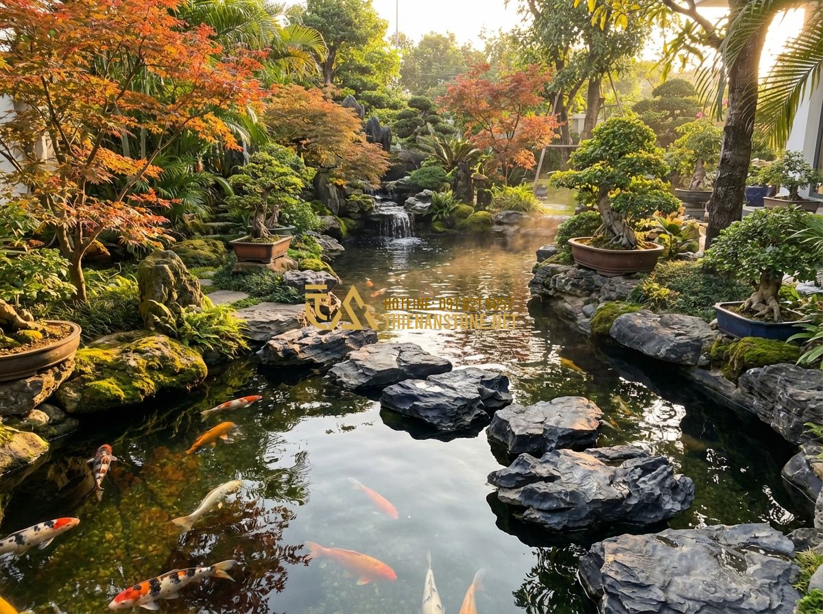 Quy Trình Thi Công Hồ Cá Koi Chuẩn Kỹ Thuật 5 Bước Từ Chuyên Gia - Tạo ảnh tiếng Anh: Beautifully finished Koi pond with lush landscaping, Japanese