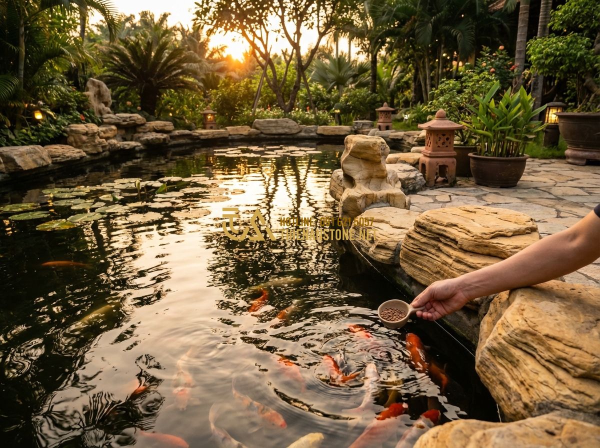 Quy Trình Thi Công Hồ Cá Koi Chuẩn Kỹ Thuật 5 Bước Từ Chuyên Gia - Tạo ảnh tiếng Anh: A homeowner sitting by a peaceful Koi pond at sunset, feeding