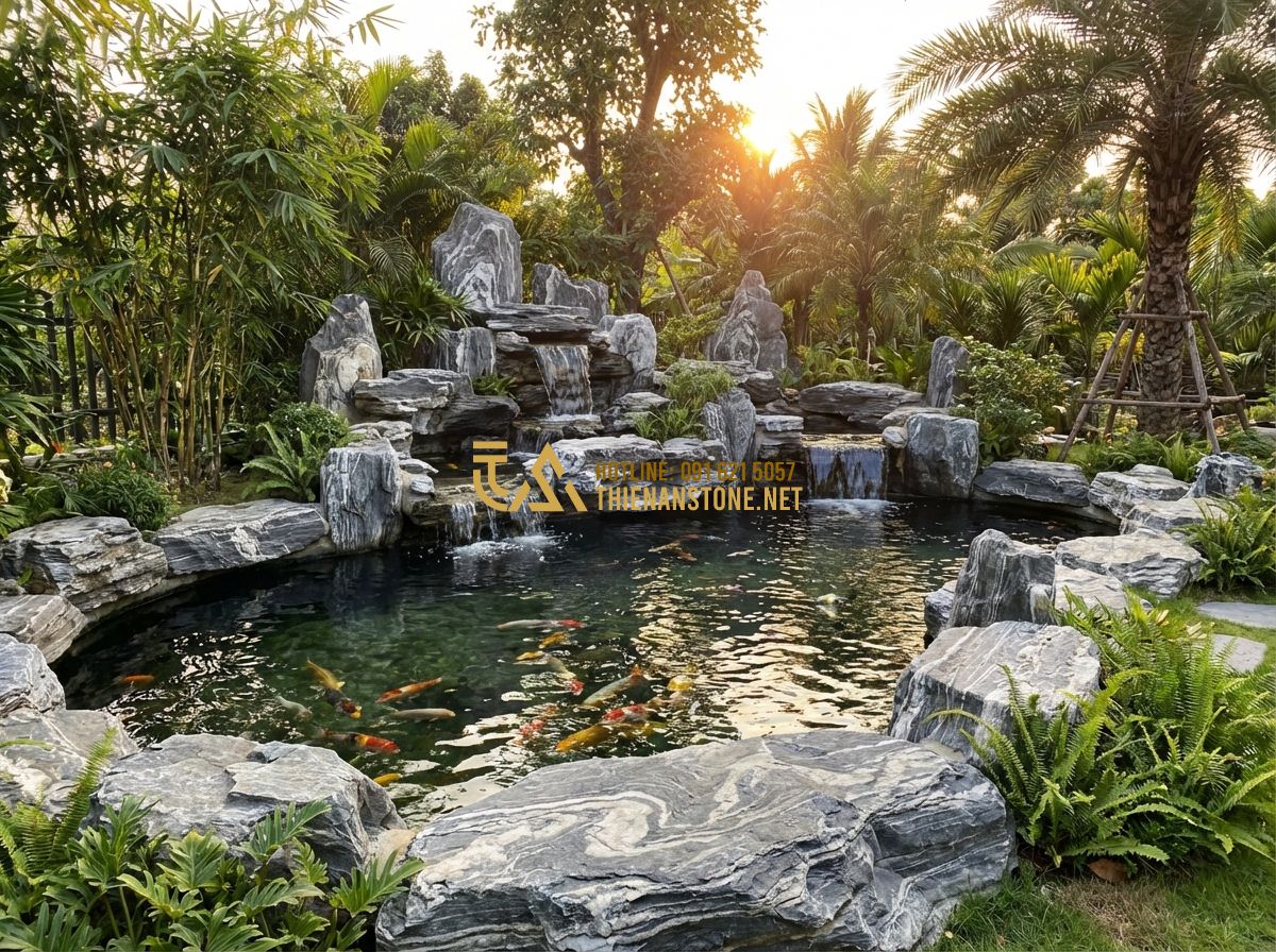 Quy Trình Thi Công Hồ Cá Koi Chuẩn Kỹ Thuật 5 Bước Từ Chuyên Gia - Tạo ảnh tiếng Anh: Professional team of landscape architects and stonemasons sta