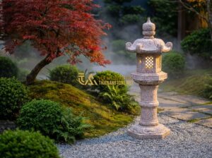 Review Đèn Đá Sân Vườn Sau 12 Tháng Sử Dụng: Có Nên Đầu Tư? - Create a high-quality professional photograph of a Japanese-style garden at twil