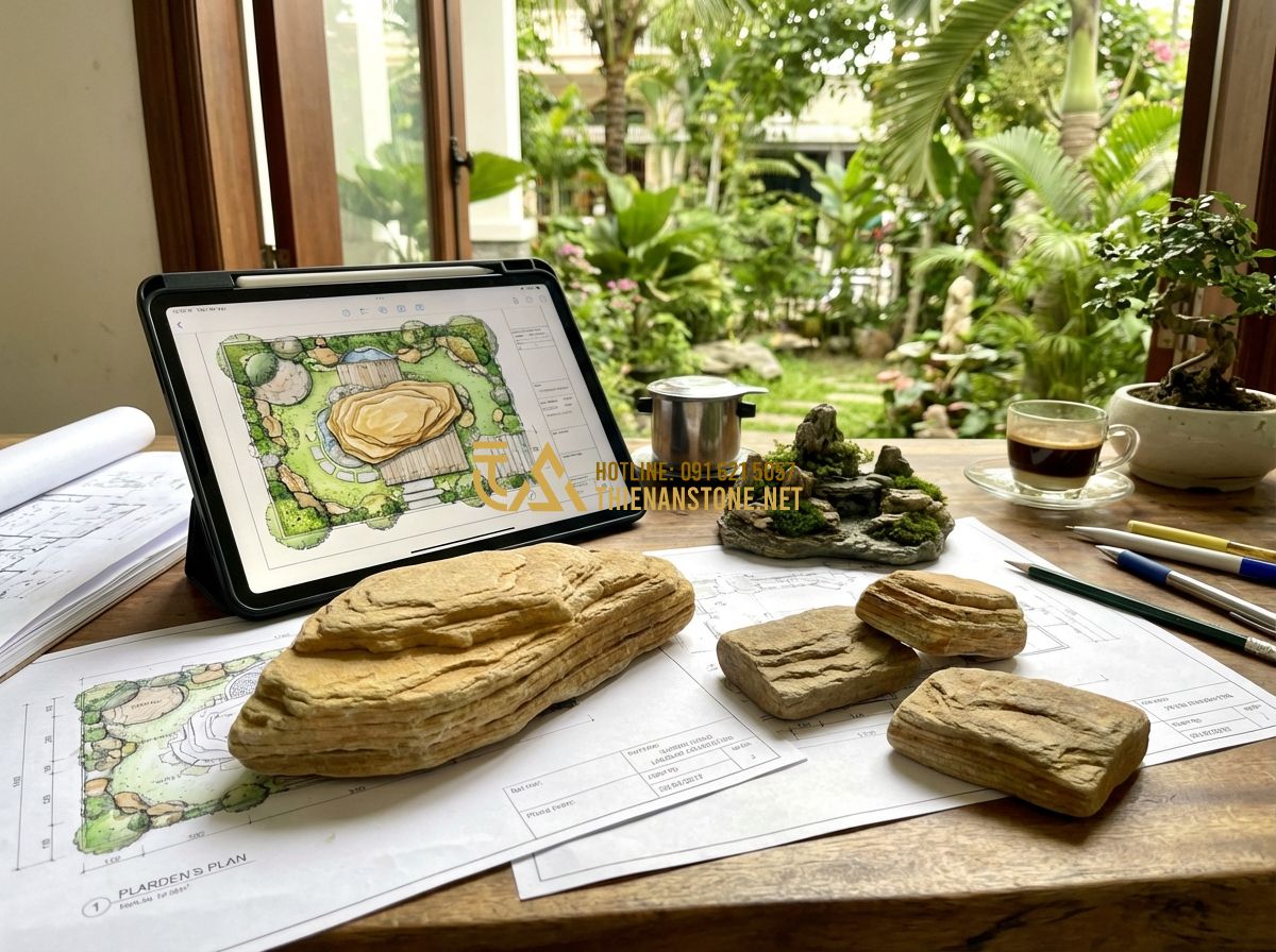 Review Giá Đá Cảnh Tự Nhiên Năm 2024: Từ Đá Mini Đến Đá Lớn Sân Vườn - Hình 10 Review Giá Đá Cảnh Tự Nhiên Năm 2024: Từ Đá Mini Đến Đá Lớn Sân Vườn - A professional landscape architect drawing a garden plan on a tablet, with actua