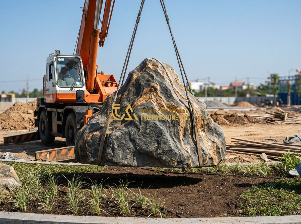 Review Giá Đá Cảnh Tự Nhiên Năm 2024: Từ Đá Mini Đến Đá Lớn Sân Vườn - Hình 11 Review Giá Đá Cảnh Tự Nhiên Năm 2024: Từ Đá Mini Đến Đá Lớn Sân Vườn - A heavy-duty crane carefully lowering a large ornamental rock into a pre-designe