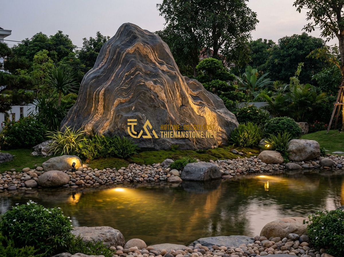 Review Giá Đá Cảnh Tự Nhiên Năm 2024: Từ Đá Mini Đến Đá Lớn Sân Vườn - Hình 12 Review Giá Đá Cảnh Tự Nhiên Năm 2024: Từ Đá Mini Đến Đá Lớn Sân Vườn - A serene panoramic view of a completed garden project at dusk, featuring a harmo
