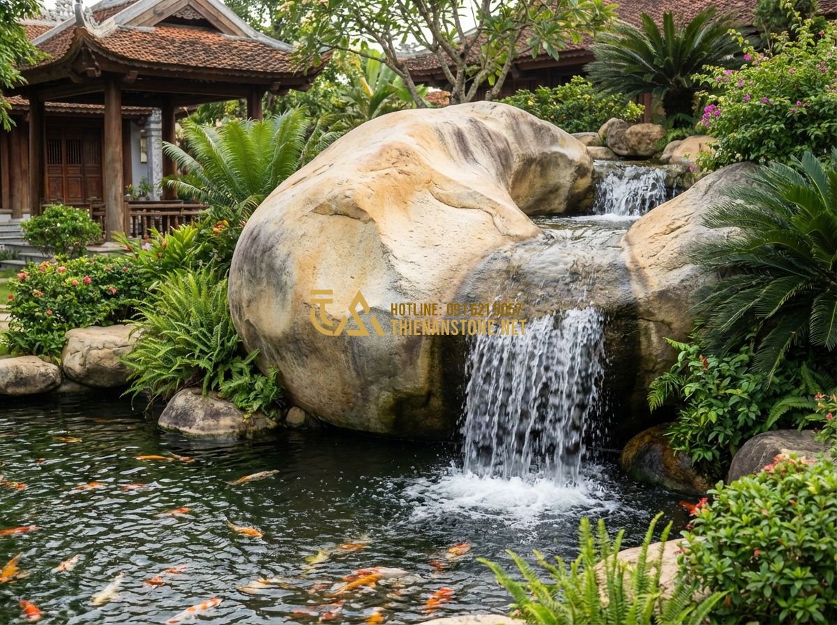 Review Giá Đá Cảnh Tự Nhiên Năm 2024: Từ Đá Mini Đến Đá Lớn Sân Vườn - Hình 6 Review Giá Đá Cảnh Tự Nhiên Năm 2024: Từ Đá Mini Đến Đá Lớn Sân Vườn - A majestic large-scale rockery installation in a luxury villa garden, featuring